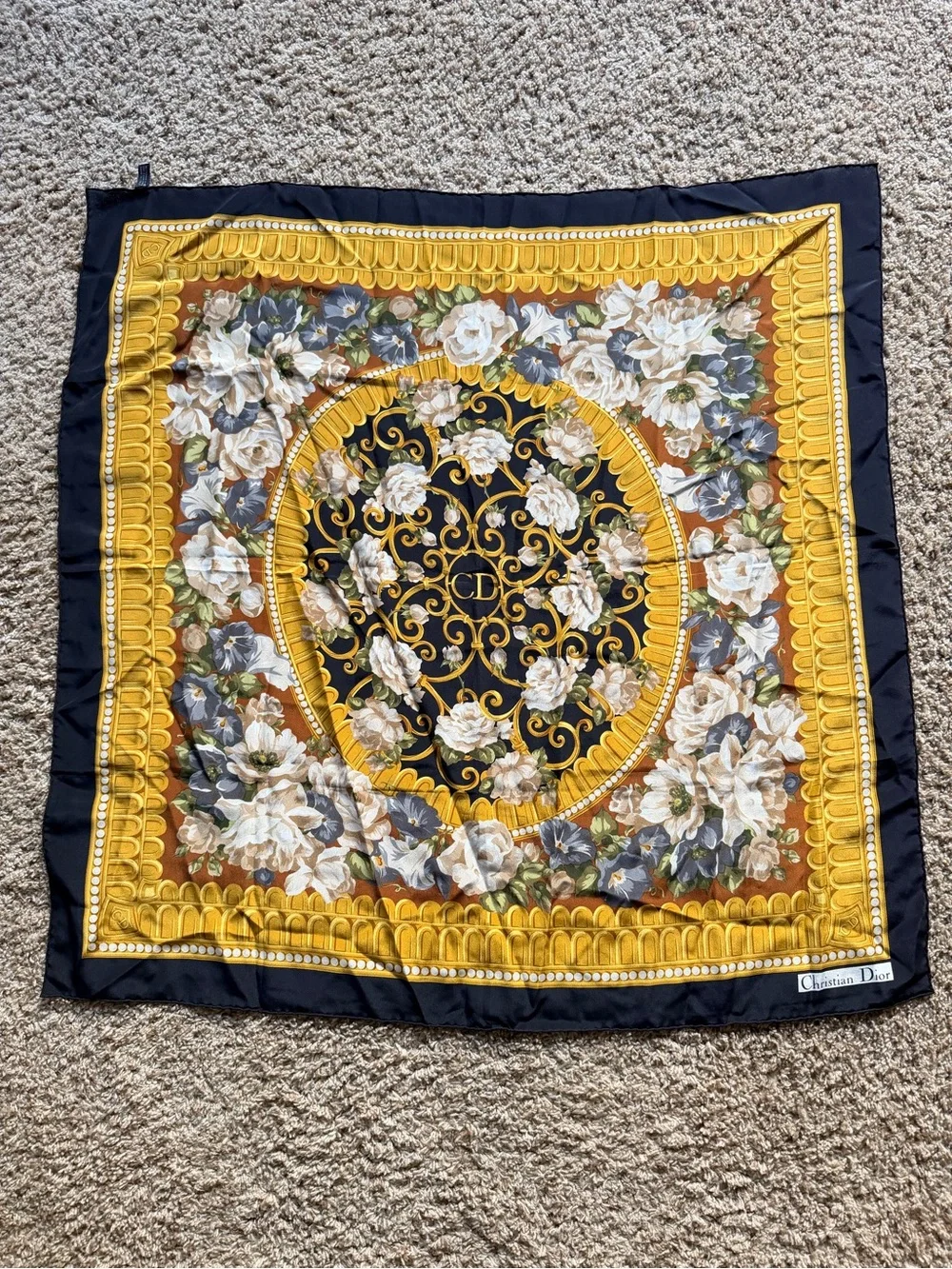 Christian Dior Floral Silk Scarf in Black, Gold, White